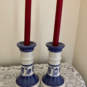 Pair of Pfaltzgraff vintage blue and cream flora candlestick holders